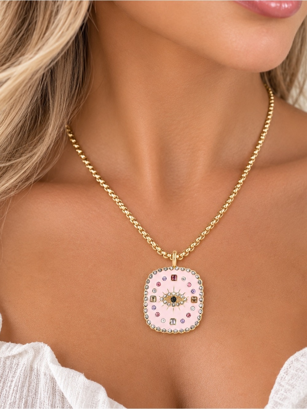 Gold Pink Evil Eye Pendant Necklace with Crystal Accents Y2K - Picture 5 of 7